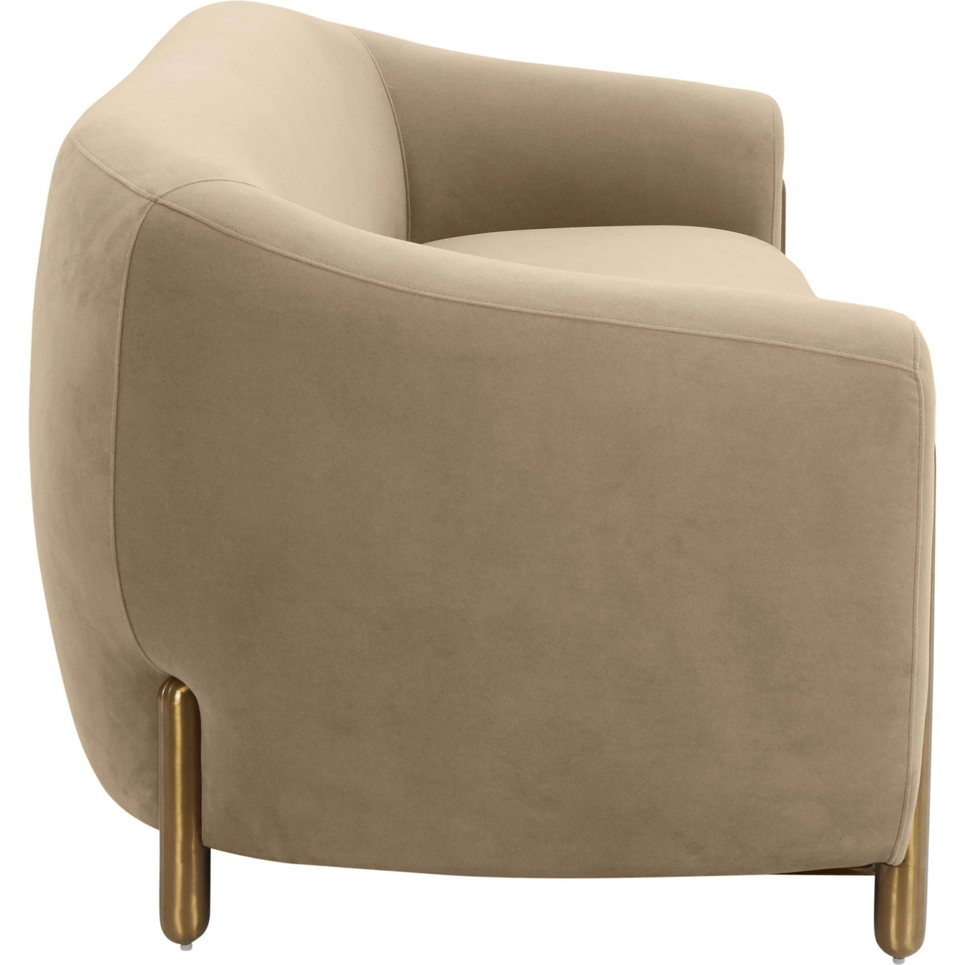 Lina Velvet Sofa by TOV Furniture in cafe au lait. Made from stainless steel, velvet, wood in a modern style.