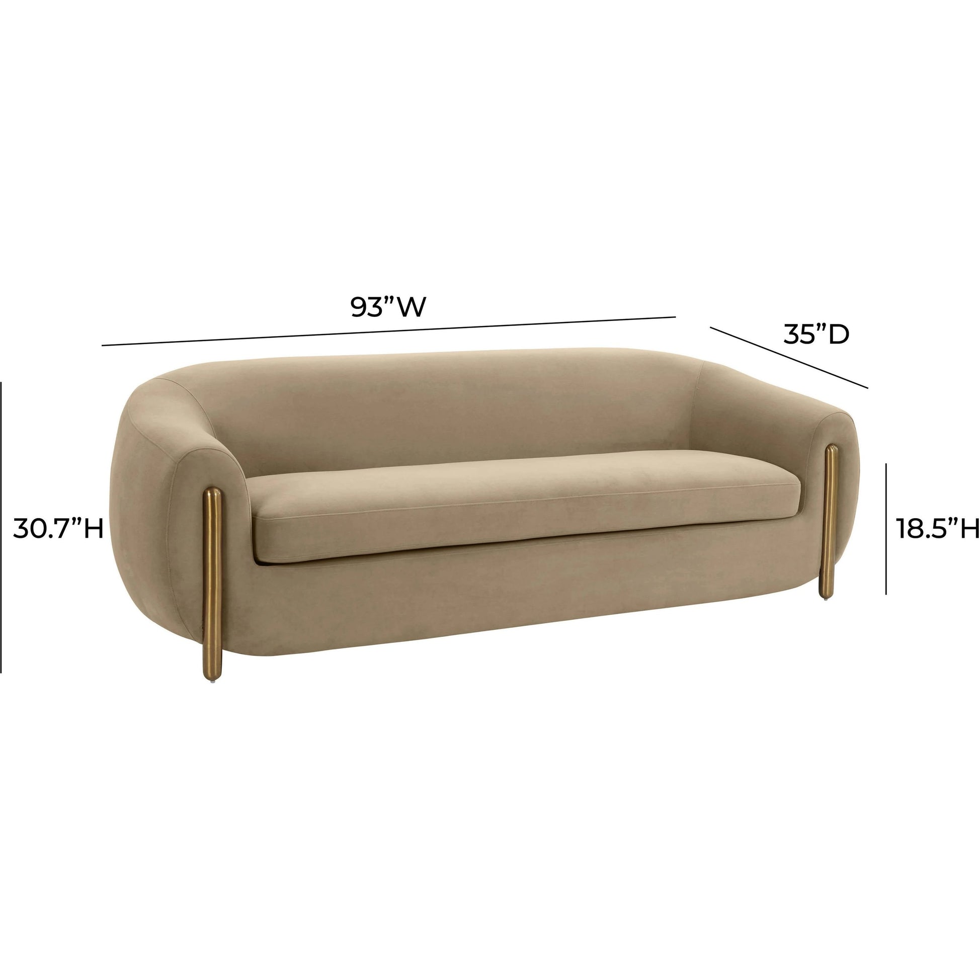 Lina Velvet Sofa by TOV Furniture in cafe au lait. Made from stainless steel, velvet, wood in a modern style.