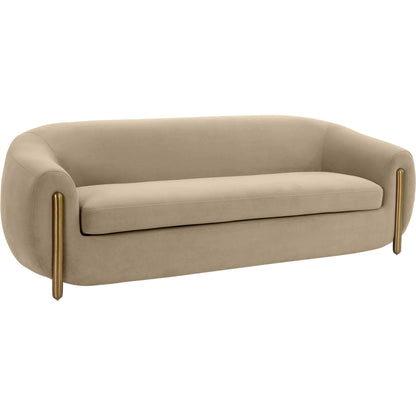 Lina Velvet Sofa by TOV Furniture in cafe au lait. Made from stainless steel, velvet, wood in a modern style.