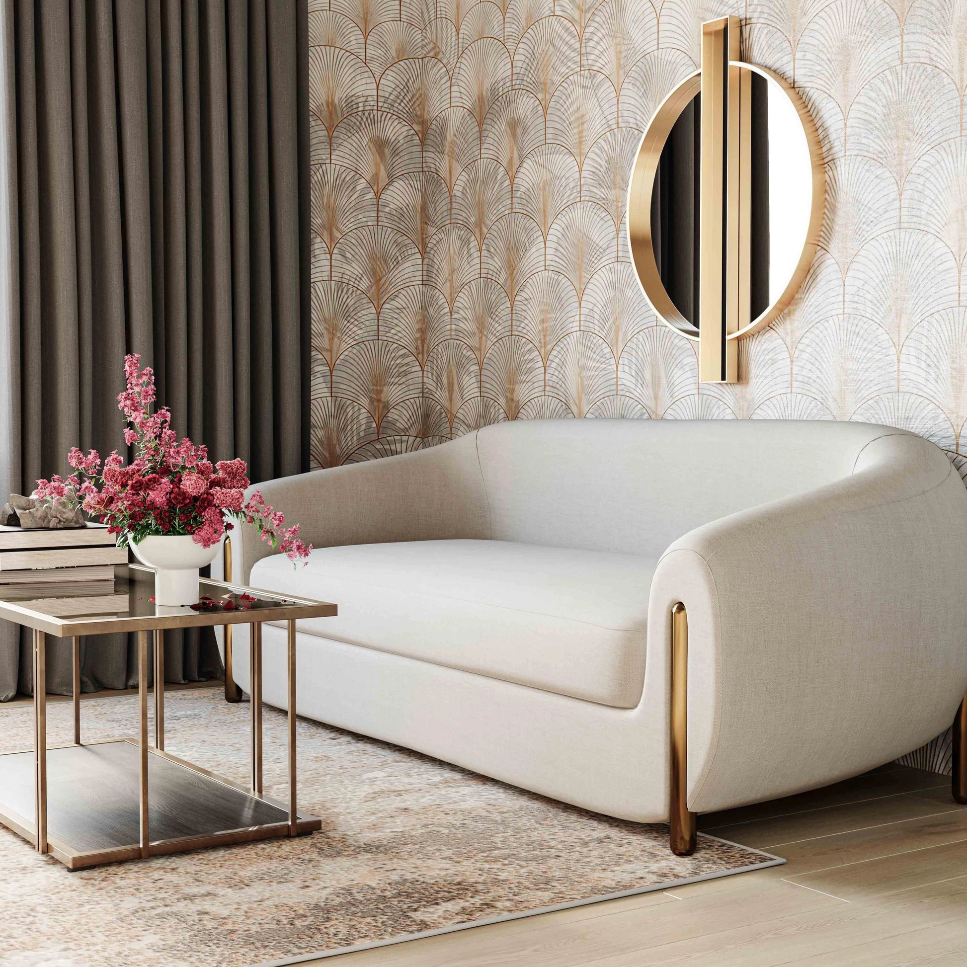 Lina Chenille Textured Sofa by TOV Furniture in cream. Made from chenille, stainless steel, wood in a modern style.