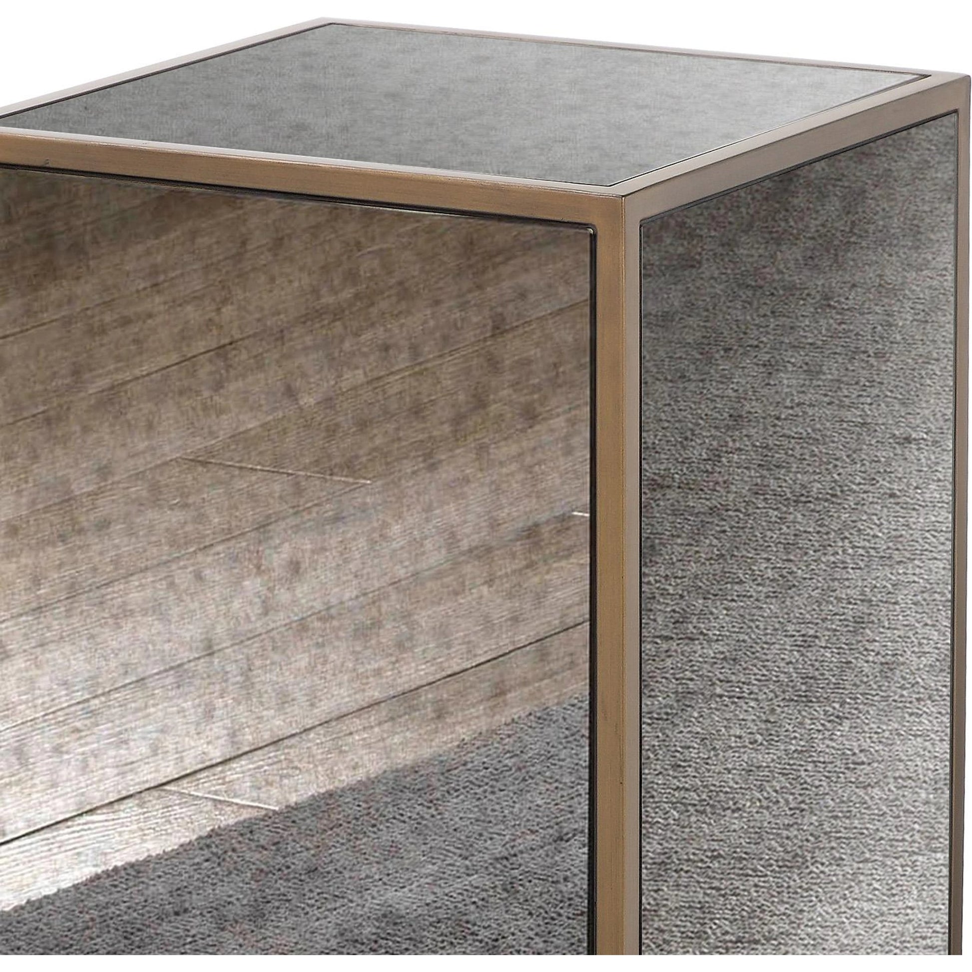Lana Mirrored Side Table by TOV Furniture in antique mirror. Made from glass, iron, mdf in a modern style.