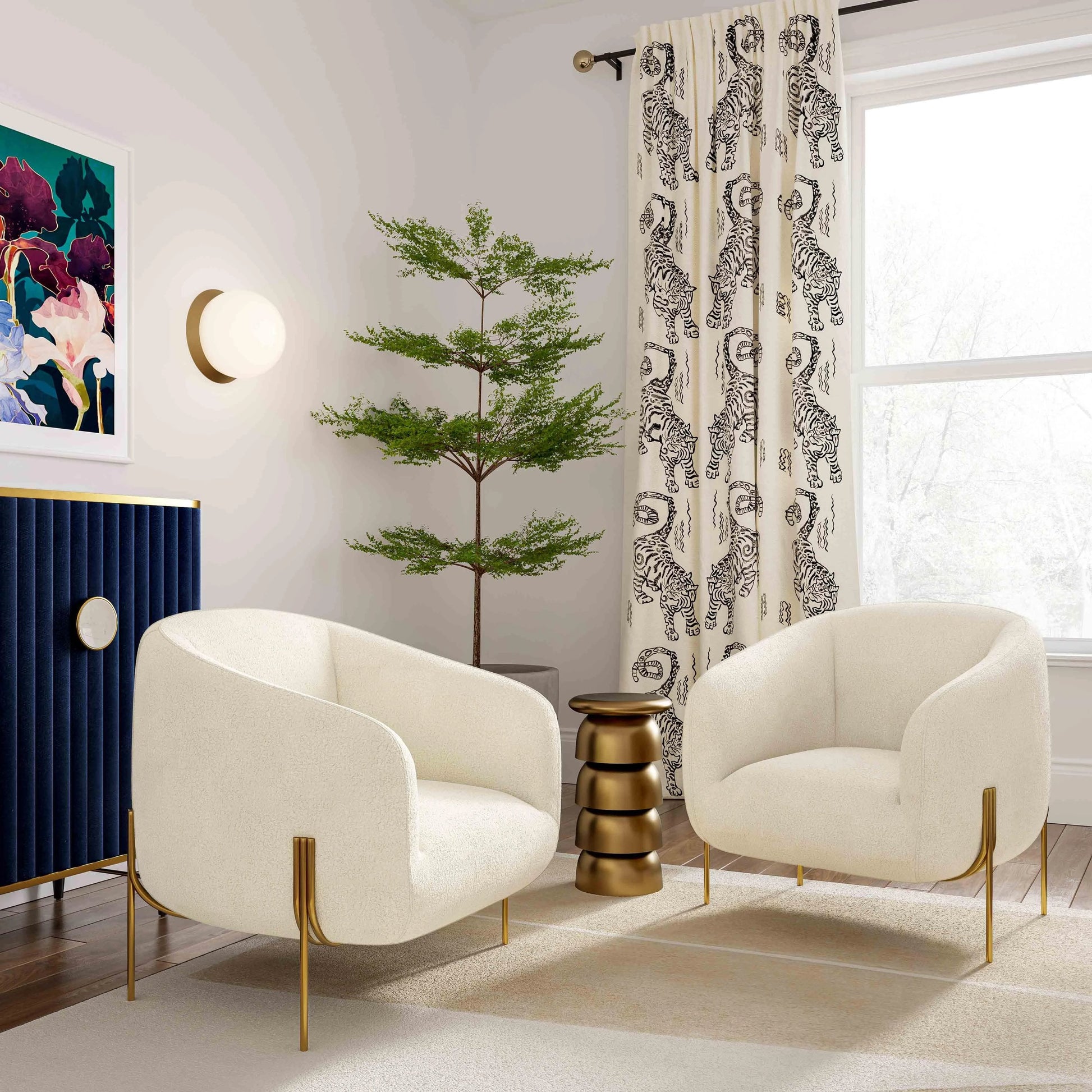 Kandra Shearling Accent Chair by TOV Furniture in cream. Made from faux shearling, iron, wood in a modern style.