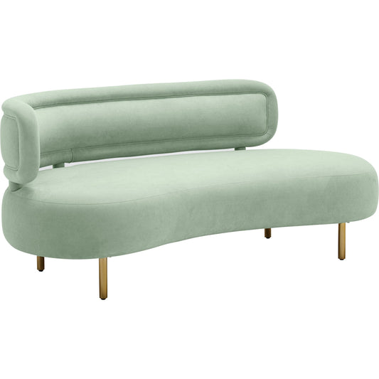 Tischa Velvet Sofa by TOV Furniture in mint green. Made from iron, plywood, velvet in a unique style.