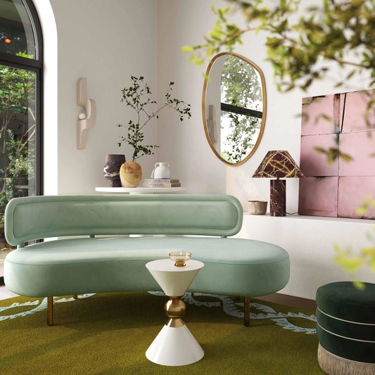 Tischa Velvet Sofa by TOV Furniture in mint green. Made from iron, plywood, velvet in a unique style.