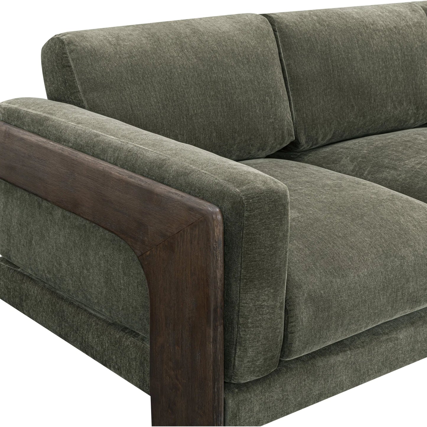 005 SI-2532649 | Closeup | Elyn Upcycled Contract-Grade Chenille Sofa by TOV Furniture in olive green. Made from fabric, plywood, rubberwood in a unique style.