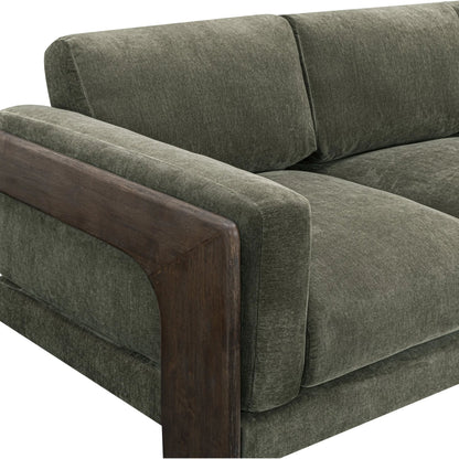 Elyn Upcycled Contract-Grade Chenille Sofa by TOV Furniture in olive green. Made from fabric, plywood, rubberwood in a unique style.