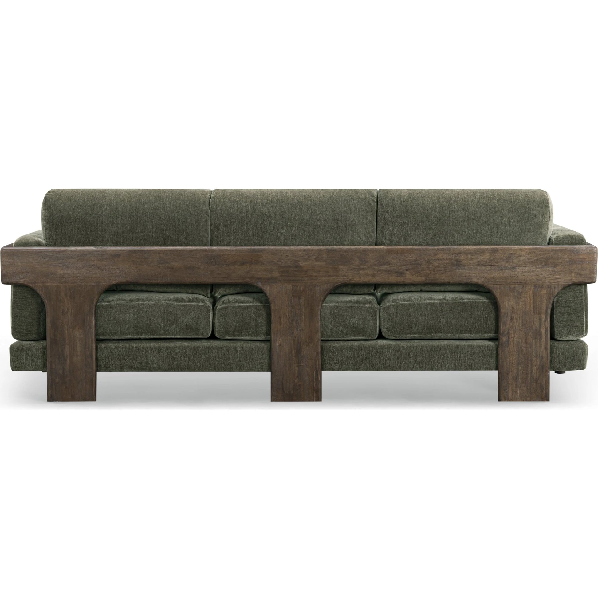Elyn Upcycled Contract-Grade Chenille Sofa by TOV Furniture in olive green. Made from fabric, plywood, rubberwood in a unique style.