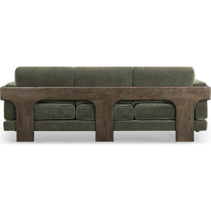 Elyn Upcycled Contract-Grade Chenille Sofa by TOV Furniture in olive green. Made from fabric, plywood, rubberwood in a unique style.