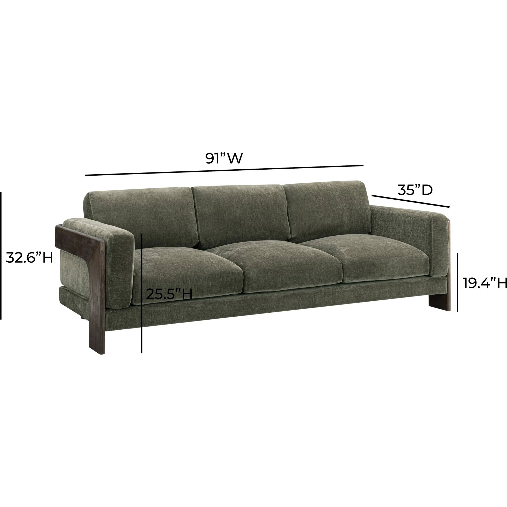 Elyn Upcycled Contract-Grade Chenille Sofa by TOV Furniture in olive green. Made from fabric, plywood, rubberwood in a unique style.