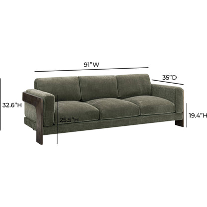 Elyn Upcycled Contract-Grade Chenille Sofa by TOV Furniture in olive green. Made from fabric, plywood, rubberwood in a unique style.