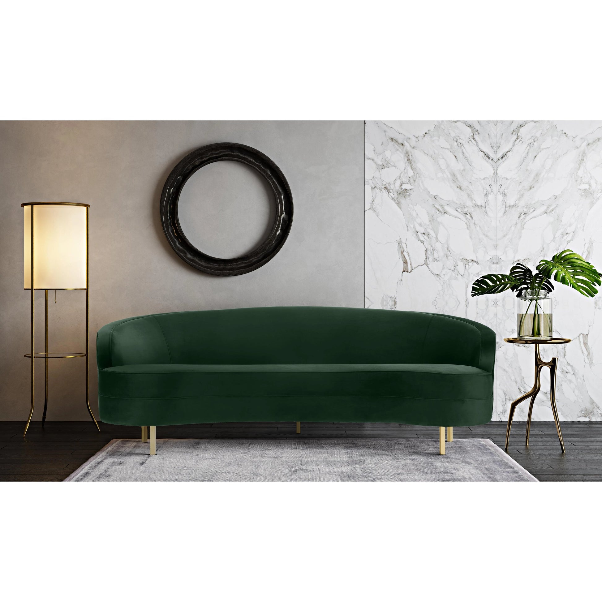 Baila Sofa by TOV Furniture in navy. Made from velvet, wood, stainless steel in a modern style.
