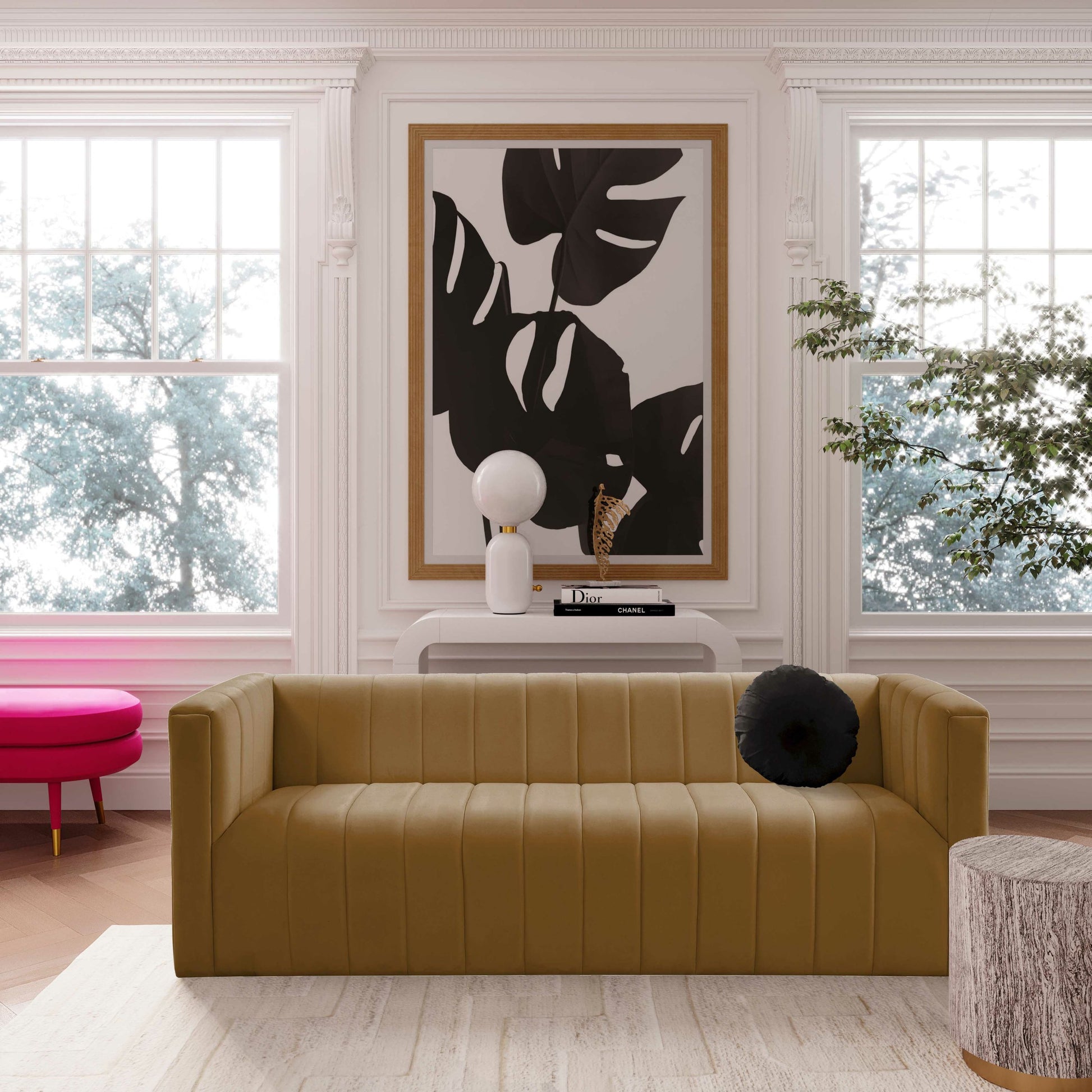 Norah Velvet Sofa by TOV Furniture in black. Made from velvet, pine in a transitional style.