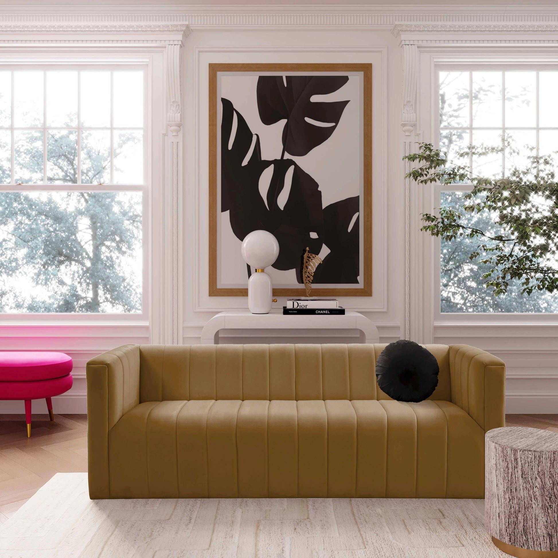 Norah Velvet Sofa by TOV Furniture in black. Made from velvet, pine in a transitional style.