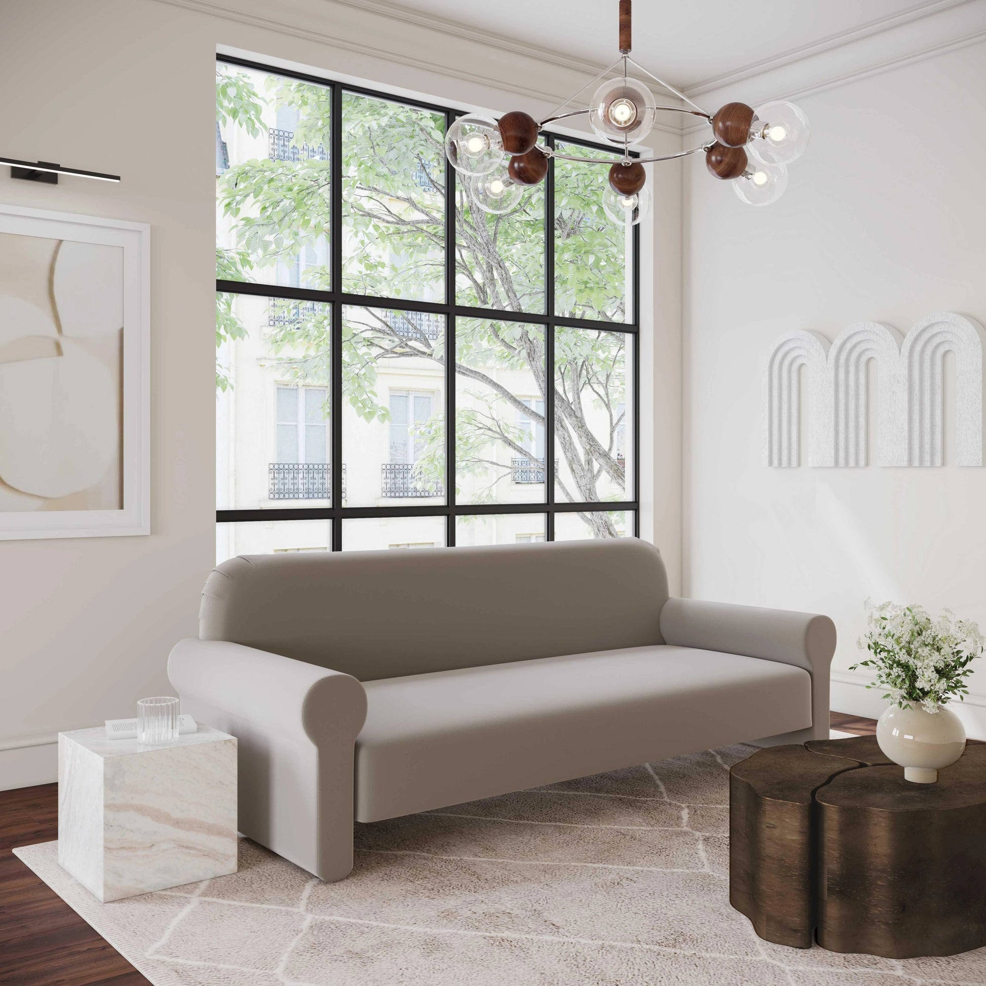 Keelee Velvet Sofa by TOV Furniture in grey. Made from velvet, wood in a modern style.