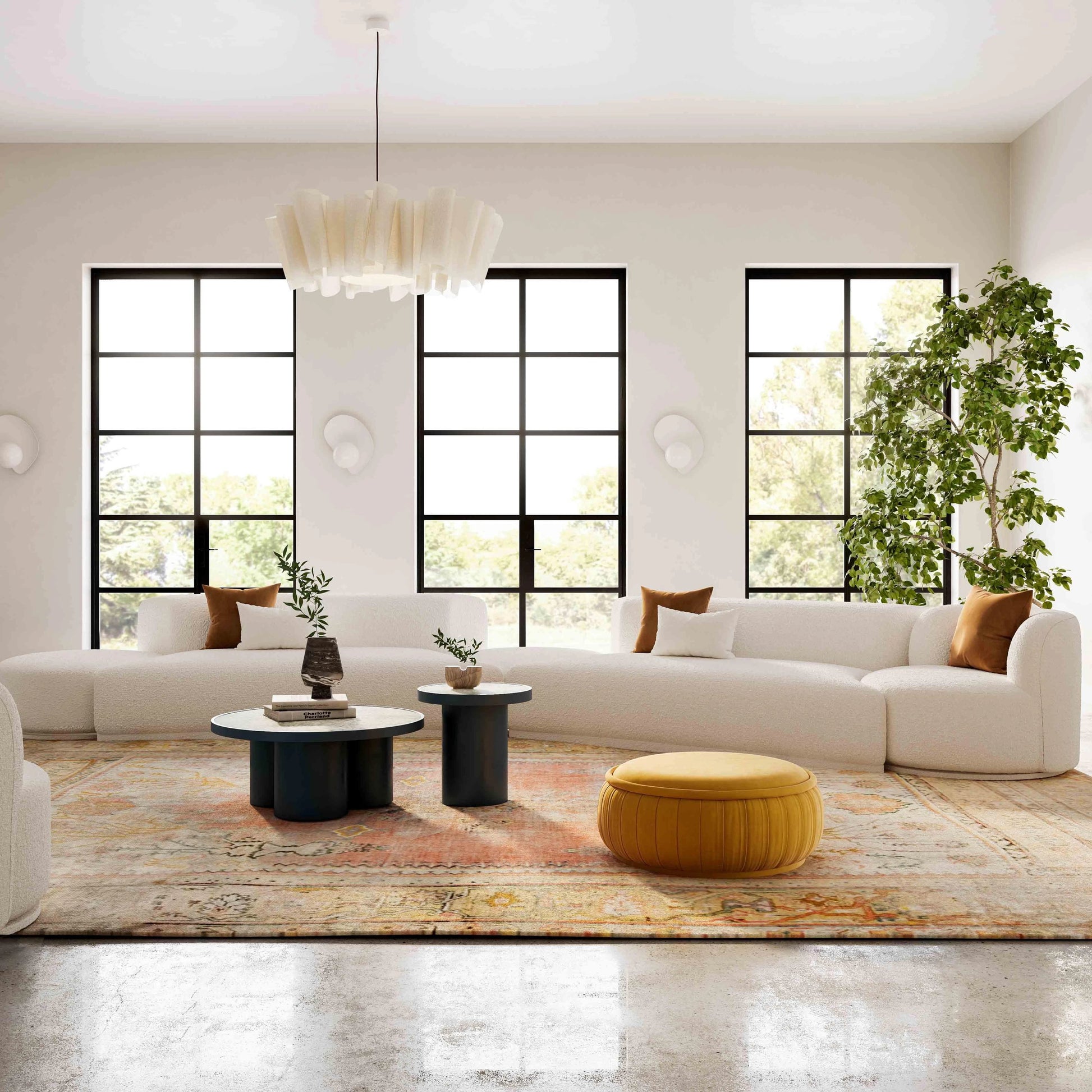 Fickle Boucle 5-Piece Modular Chaise Sectional by TOV Furniture in cream. Made from boucle, wood in a modern style.