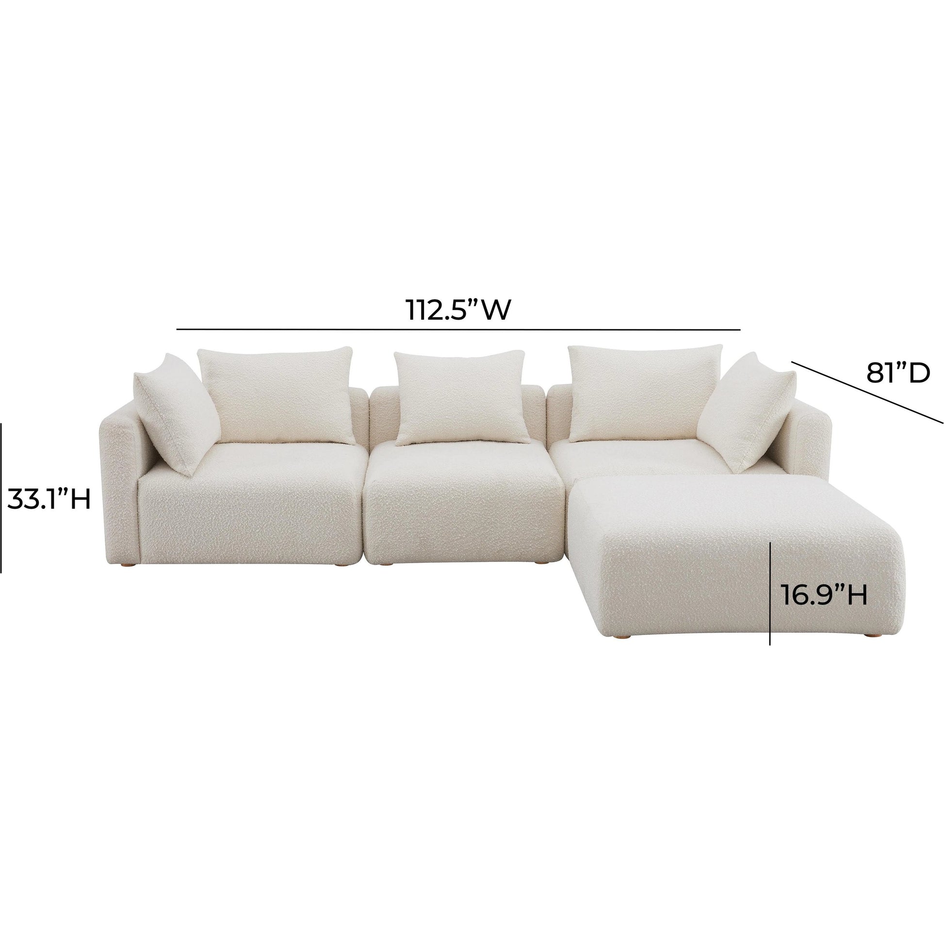 Hangover Boucle 4-Piece Modular Sectional by TOV Furniture in cream. Made from boucle, wood in a modern style.