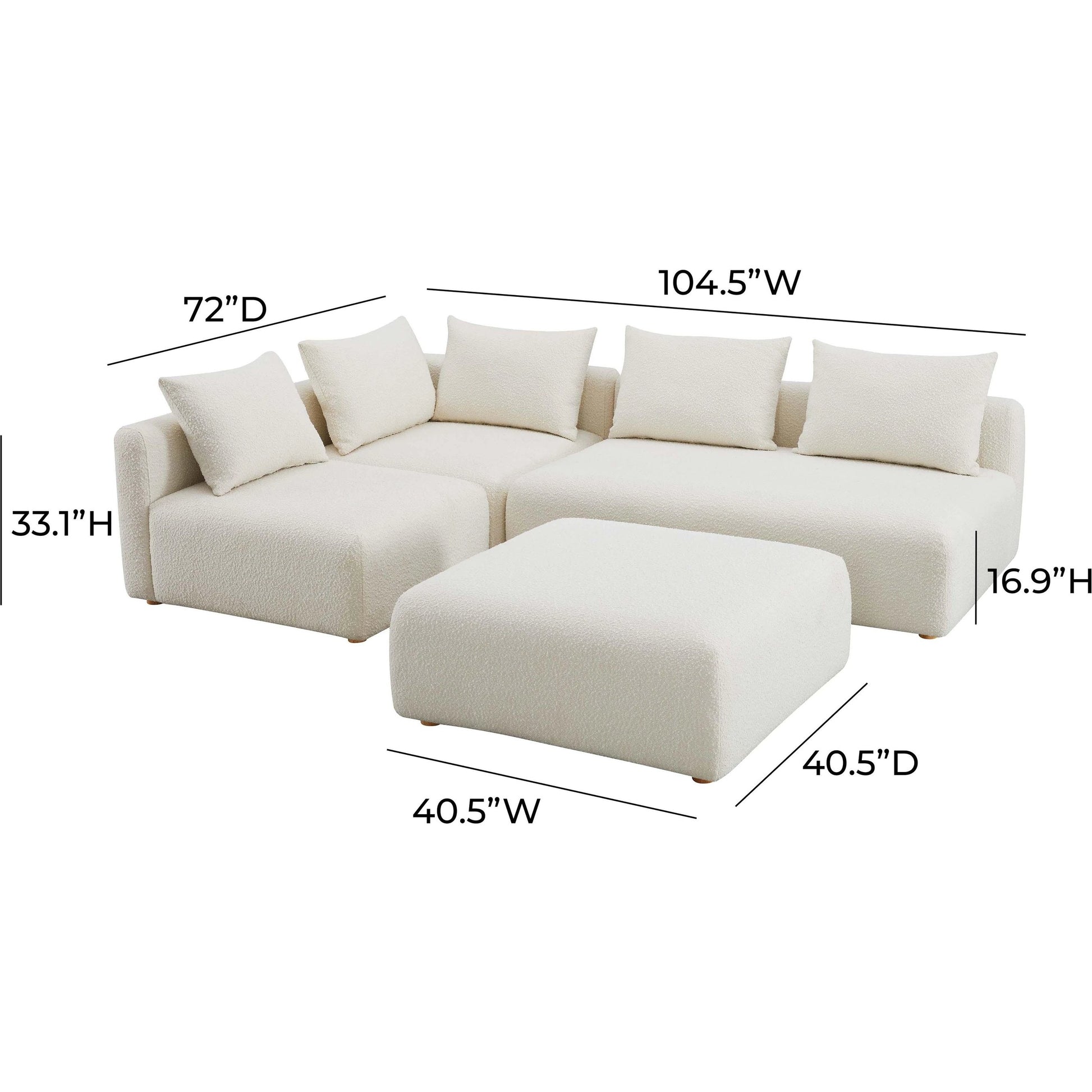 Hangover Boucle 4-Piece Modular Chaise Sectional by TOV Furniture in cream. Made from boucle, wood in a modern style.
