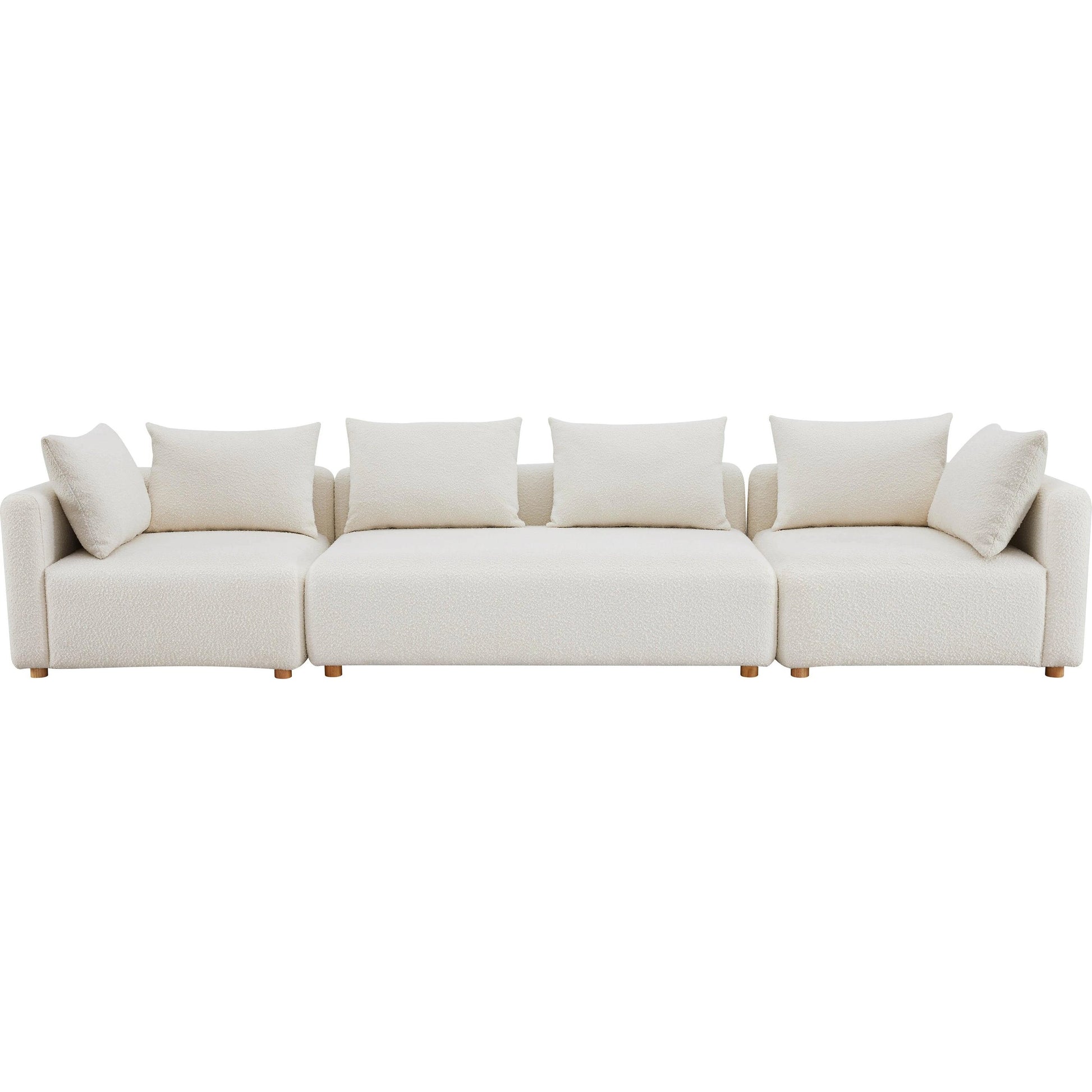 Hangover Boucle Long Sofa by TOV Furniture in cream. Made from boucle, wood in a modern style.