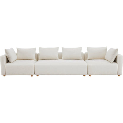 Hangover Boucle Long Sofa by TOV Furniture in cream. Made from boucle, wood in a modern style.