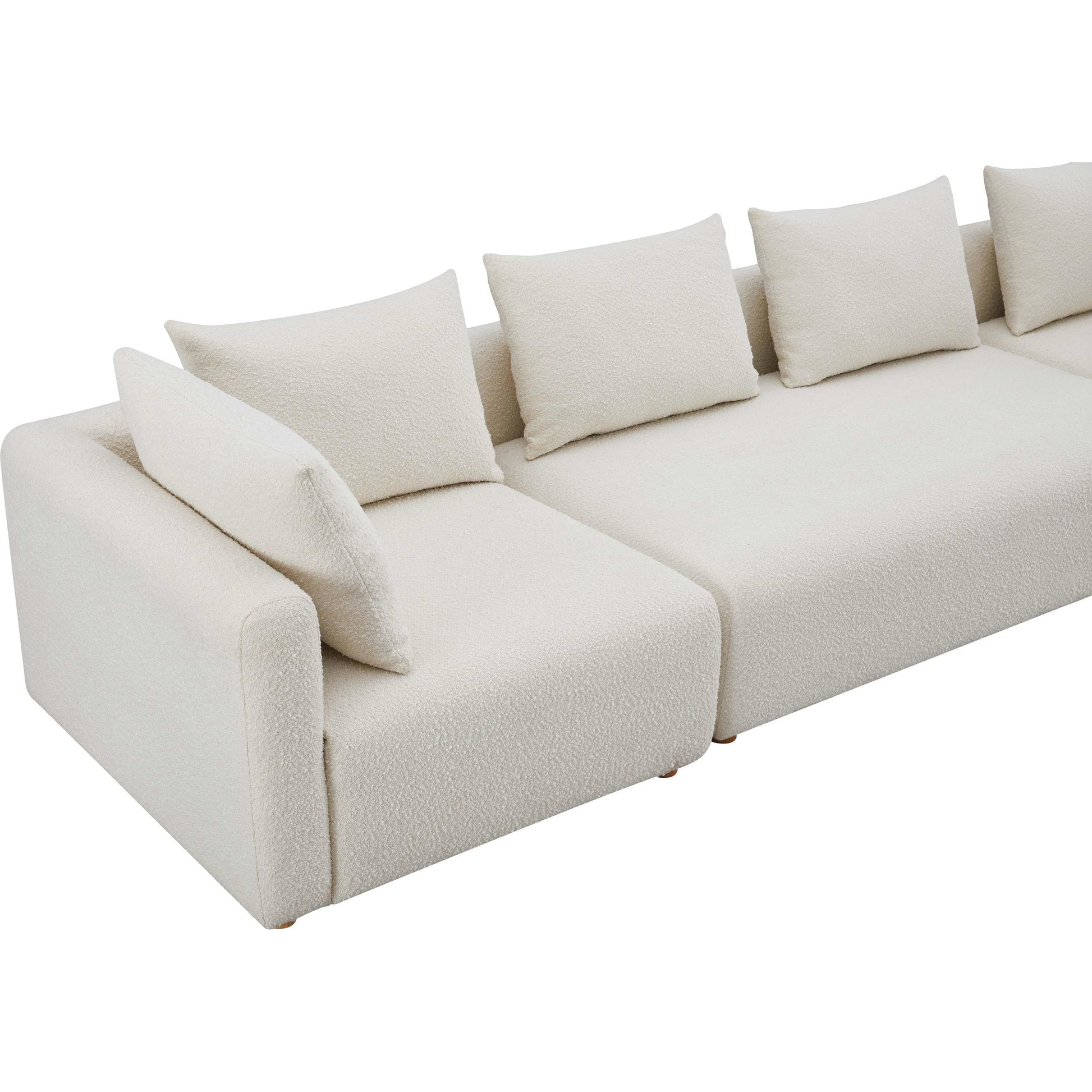 Hangover Boucle Long Sofa by TOV Furniture in cream. Made from boucle, wood in a modern style.