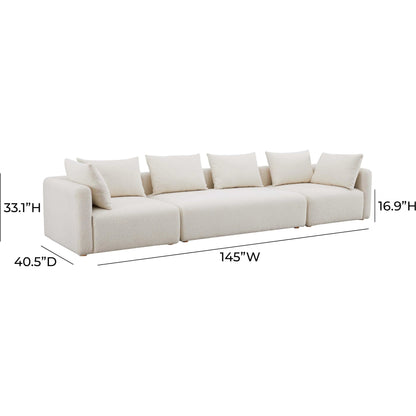 Hangover Boucle Long Sofa by TOV Furniture in cream. Made from boucle, wood in a modern style.
