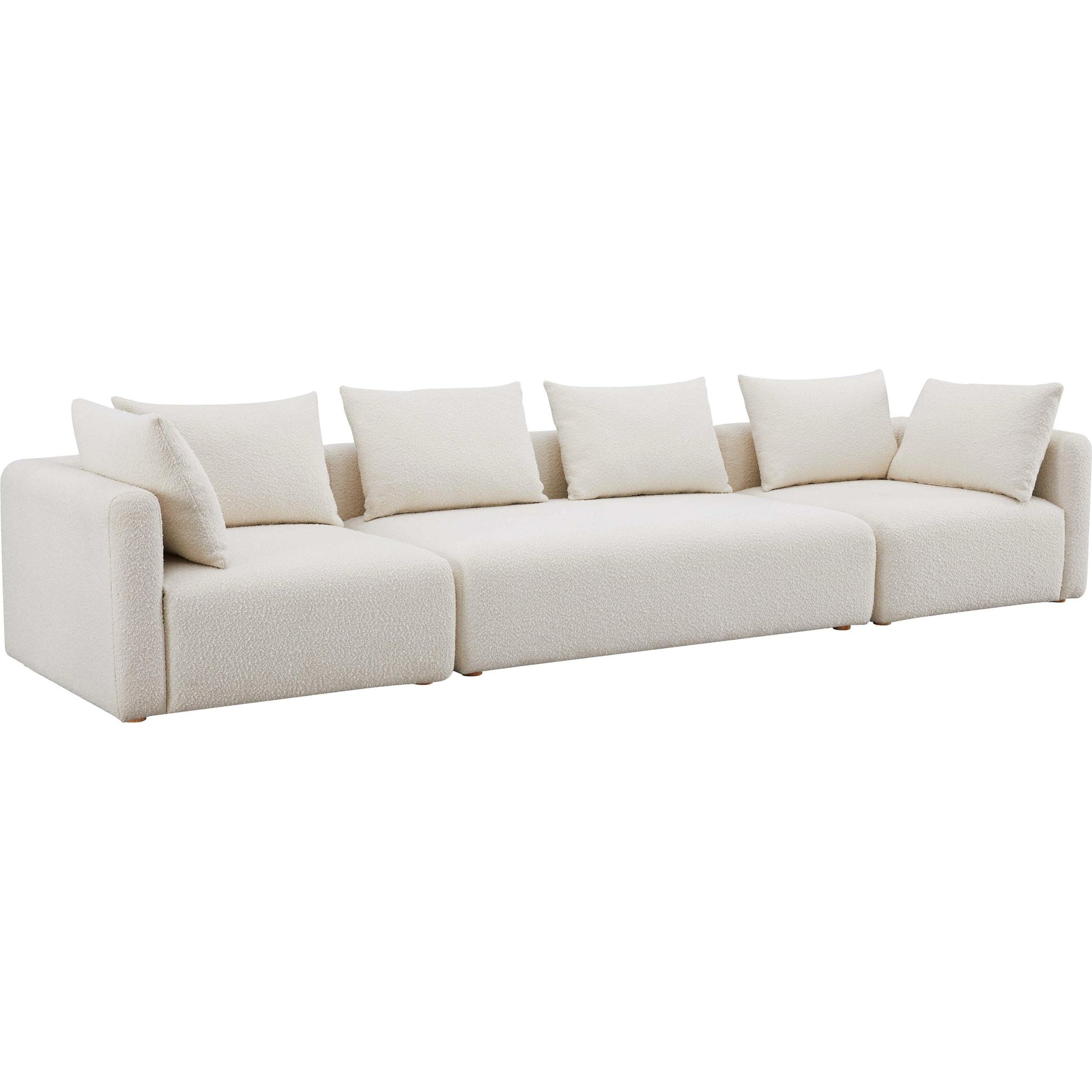 Hangover Boucle Long Sofa by TOV Furniture in cream. Made from boucle, wood in a modern style.