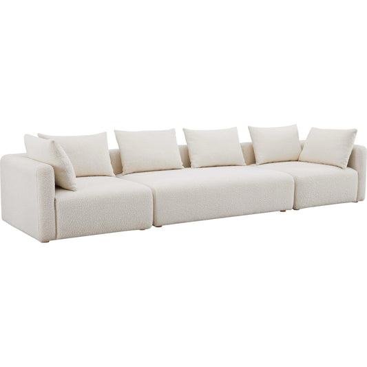 Hangover Boucle Long Sofa by TOV Furniture in cream. Made from boucle, wood in a modern style.