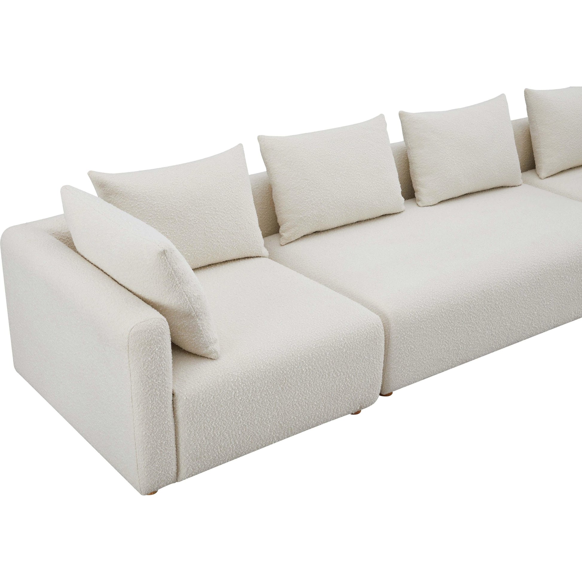 Hangover Boucle Long Sofa by TOV Furniture in cream. Made from boucle, wood in a modern style.