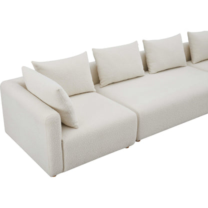 Hangover Boucle Long Sofa by TOV Furniture in cream. Made from boucle, wood in a modern style.