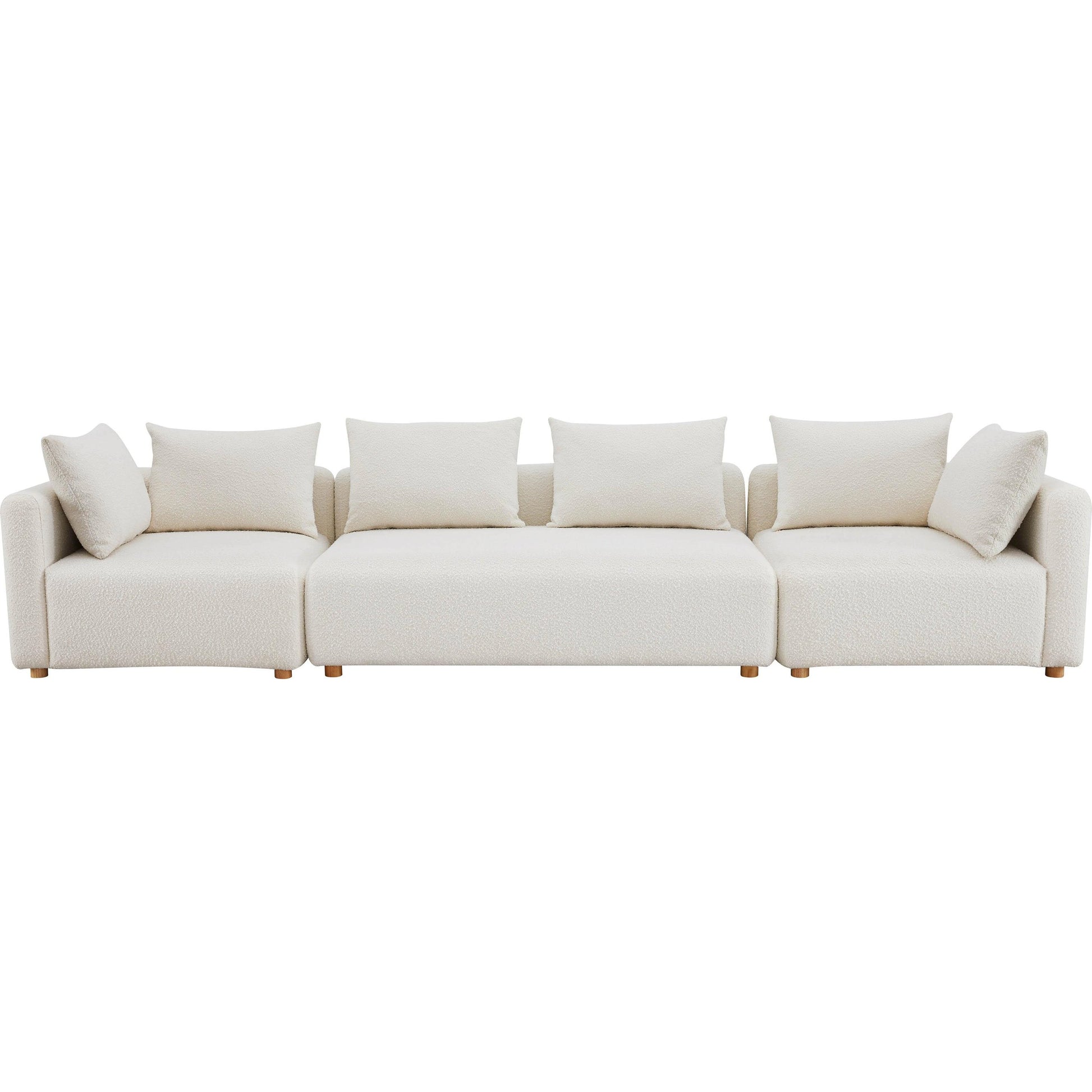 Hangover Boucle Long Sofa by TOV Furniture in cream. Made from boucle, wood in a modern style.