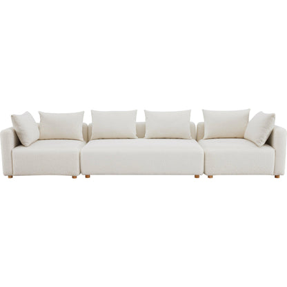 Hangover Boucle Long Sofa by TOV Furniture in cream. Made from boucle, wood in a modern style.