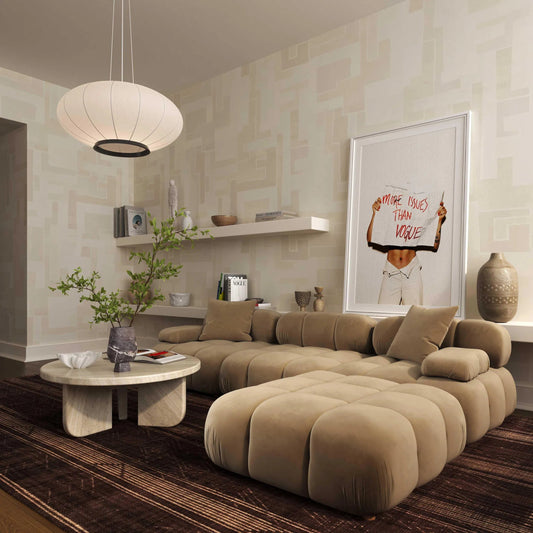 Calliope Performance Velvet 4-Piece Modular Sectional by TOV Furniture in cafe au lait. Made from plywood, velvet, wood in a transitional style.