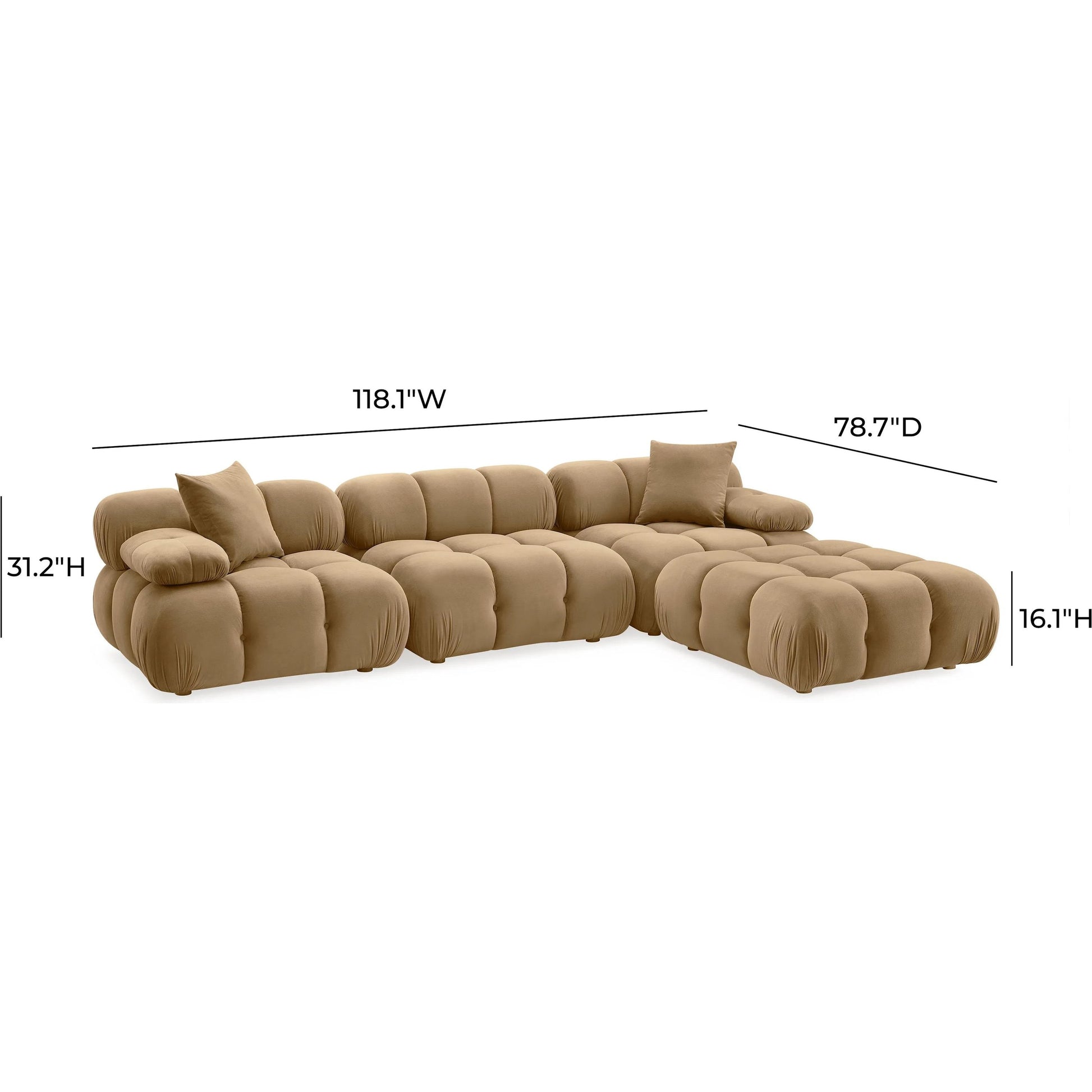 Calliope Performance Velvet 4-Piece Modular Sectional by TOV Furniture in cafe au lait. Made from plywood, velvet, wood in a transitional style.