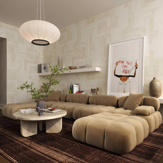 Calliope Performance Velvet 6-Piece Modular U-Sectional by TOV Furniture in cafe au lait. Made from plywood, velvet, wood in a unique style.
