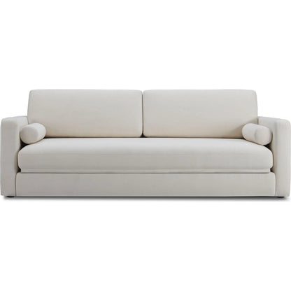 Ryan Upcycled Linen Sofa Bed by TOV Furniture in cream. Made from plywood, recycled fabric, wood in a unique style.
