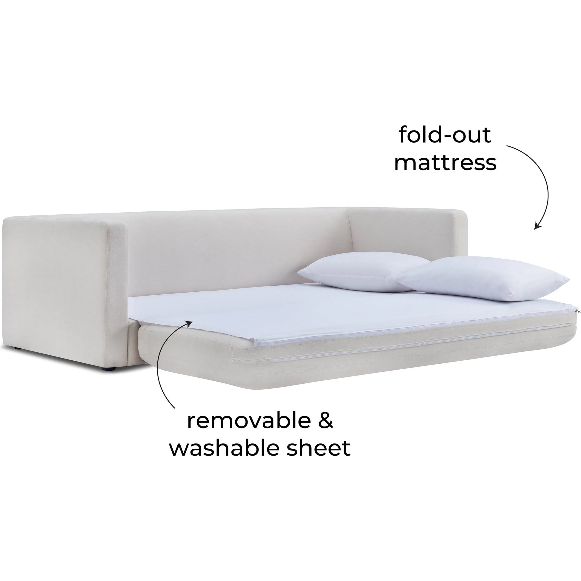 Ryan Upcycled Linen Sofa Bed by TOV Furniture in cream. Made from plywood, recycled fabric, wood in a unique style.