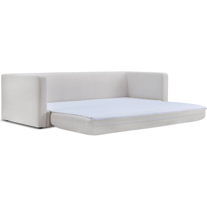 Ryan Upcycled Linen Sofa Bed by TOV Furniture in cream. Made from plywood, recycled fabric, wood in a unique style.
