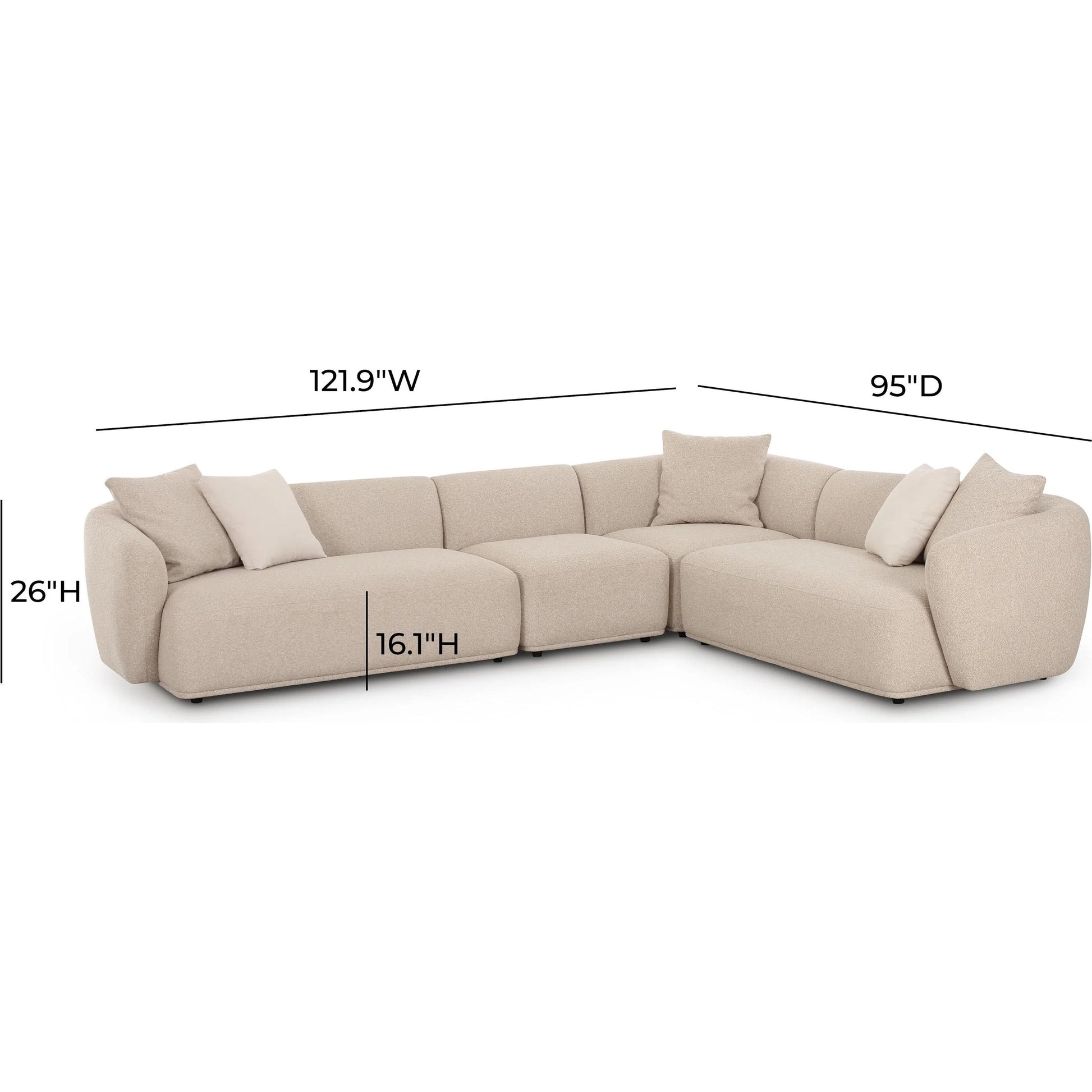 Sylvie Boucle 4-Piece Sectional by TOV Furniture in cream. Made from boucle, mdf, plywood in a transitional style.
