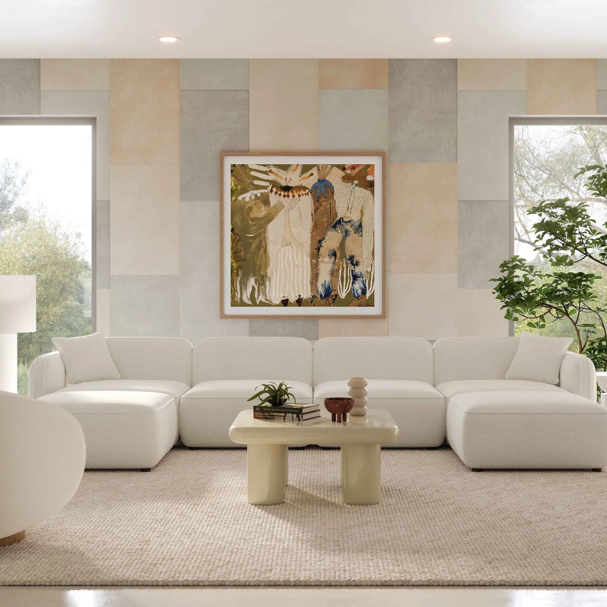 Travie Upcycled Linen 6-Piece Modular U-Sectional by TOV Furniture in sand. Made from plywood, recycled fabric, wood in a transitional style.