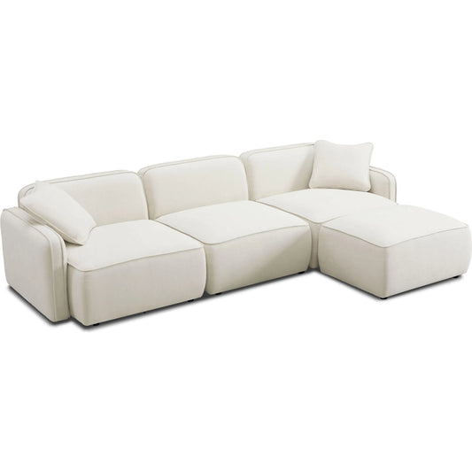 Travie Upcycled Linen 4-Piece Modular Sectional by TOV Furniture in sand. Made from plywood, recycled fabric, wood in a unique style.