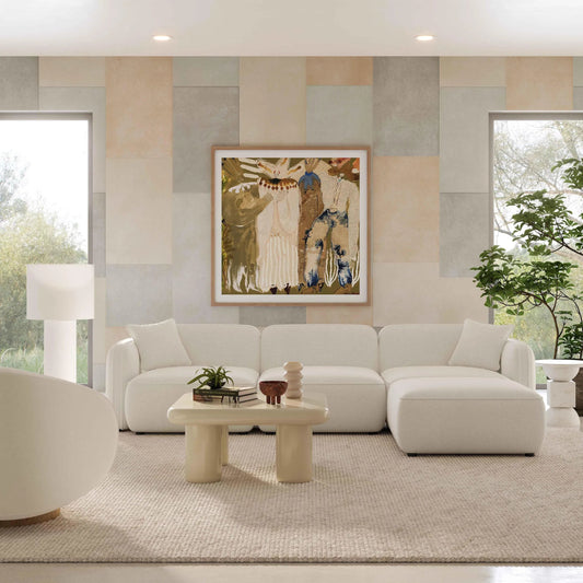 Travie Upcycled Linen 4-Piece Modular Sectional by TOV Furniture in sand. Made from plywood, recycled fabric, wood in a unique style.