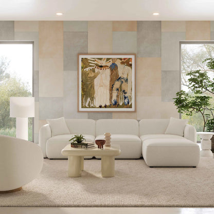 Travie Upcycled Linen 4-Piece Modular Sectional by TOV Furniture in sand. Made from plywood, recycled fabric, wood in a transitional style.