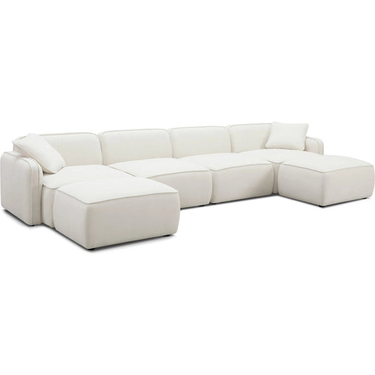Travie Upcycled Linen 6-Piece Modular U-Sectional by TOV Furniture in sand. Made from plywood, recycled fabric, wood in a unique style.
