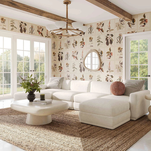Perry Chenille Modular U-Sectional by TOV Furniture in cream. Made from chenille, plywood, wood in a unique style.