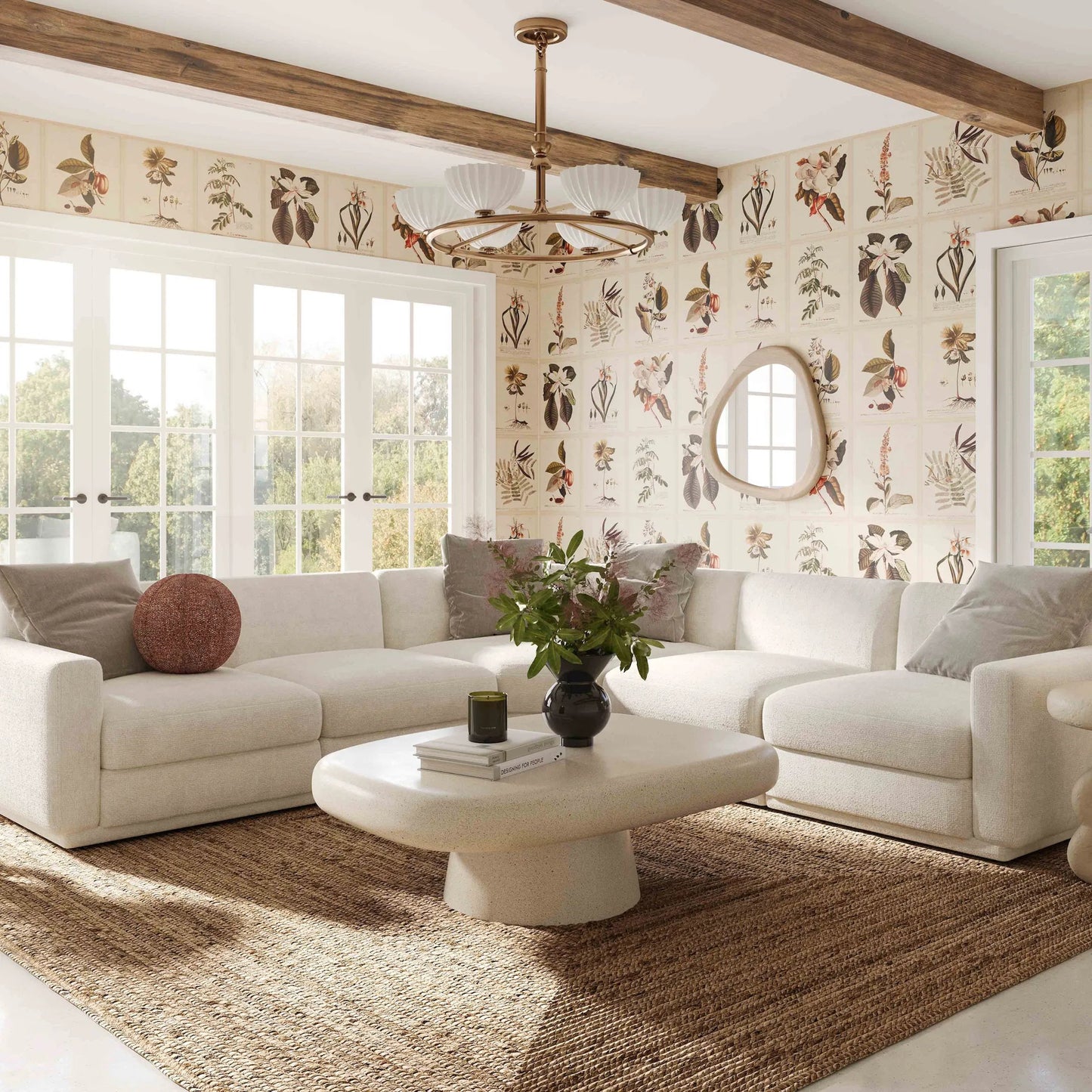 004 SI-2356338 | Lifestyle | Perry Chenille Modular Long Sofa by TOV Furniture in cream. Made from chenille, plywood, wood in a transitional style.