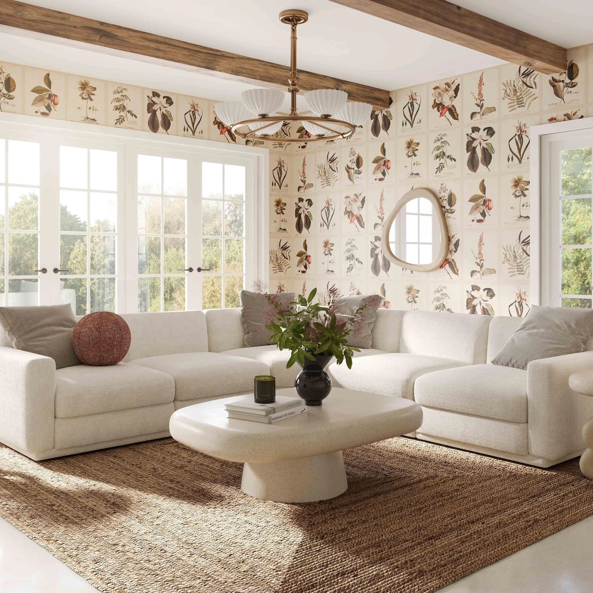 Perry Chenille Modular L-Sectional by TOV Furniture in cream. Made from chenille, plywood, wood in a transitional style.