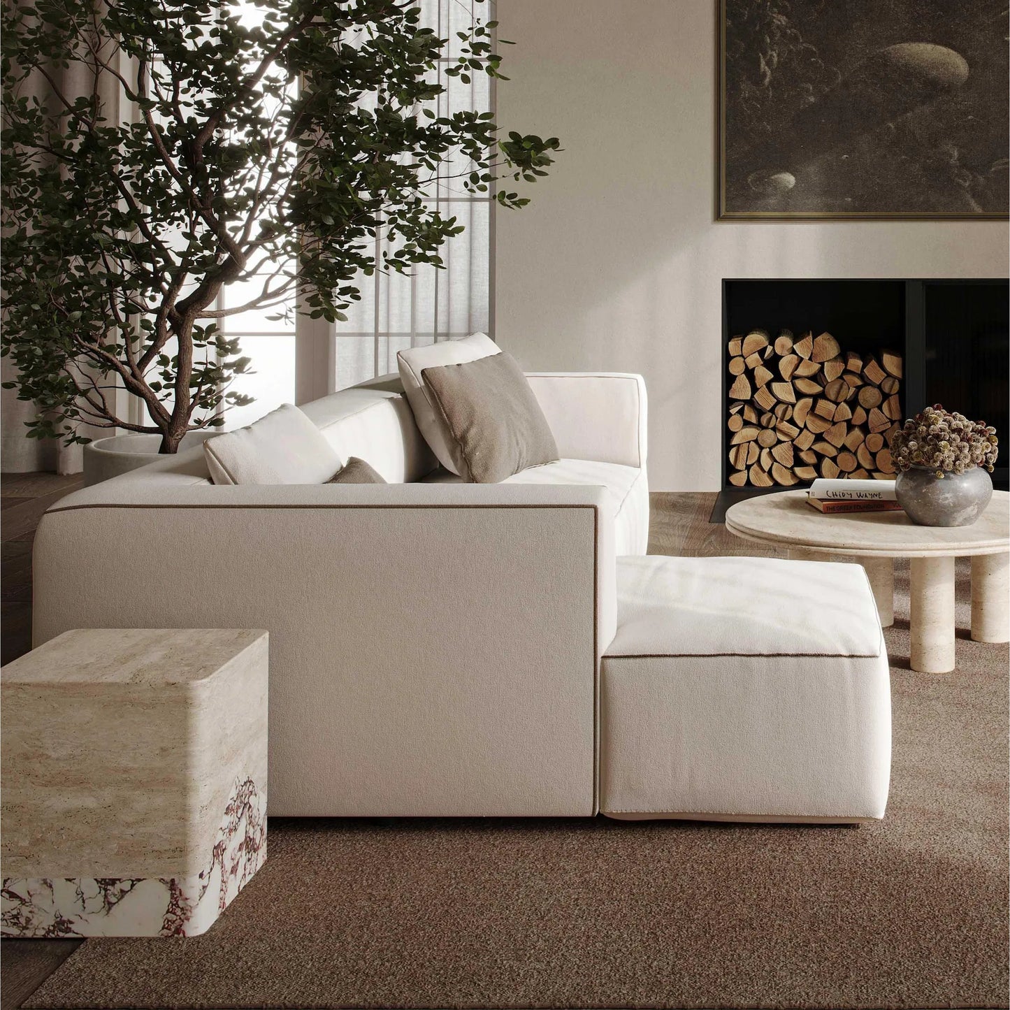 006 SI-2356399 | Lifestyle | Tristine Linen LAF Sectional by TOV Furniture in cream. Made from linen, plywood, wood in a transitional style.