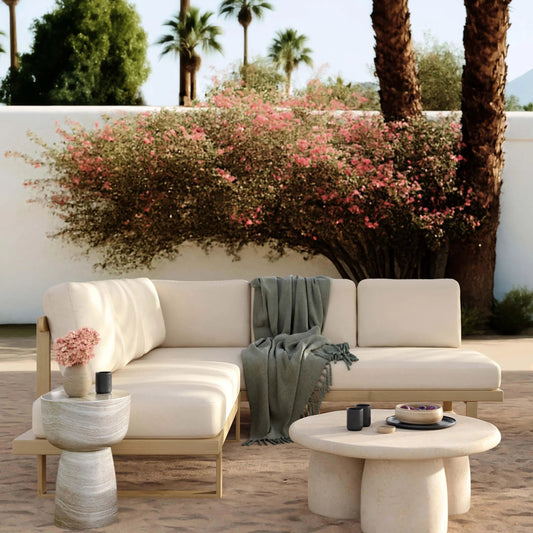 Evan Outdoor L-Sectional by TOV Furniture in cream. Made from fabric, wood in a unique style.