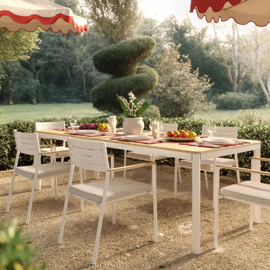 Sardinia Outdoor Dining Table by TOV Furniture in cream, light teak. Made from aluminum, wood in a transitional style.