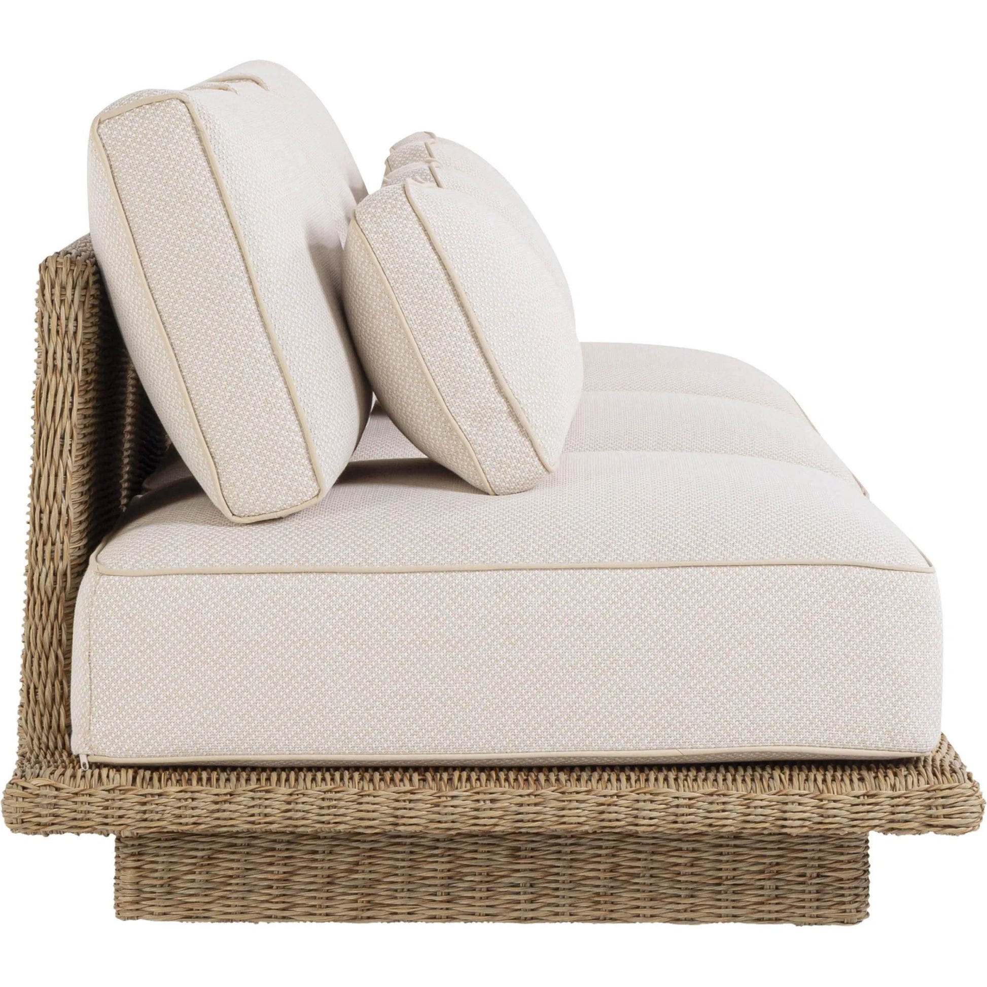 Mora Outdoor Sofa by TOV Furniture in cream. Made from aluminum, fabric, foam, wicker in a unique style.